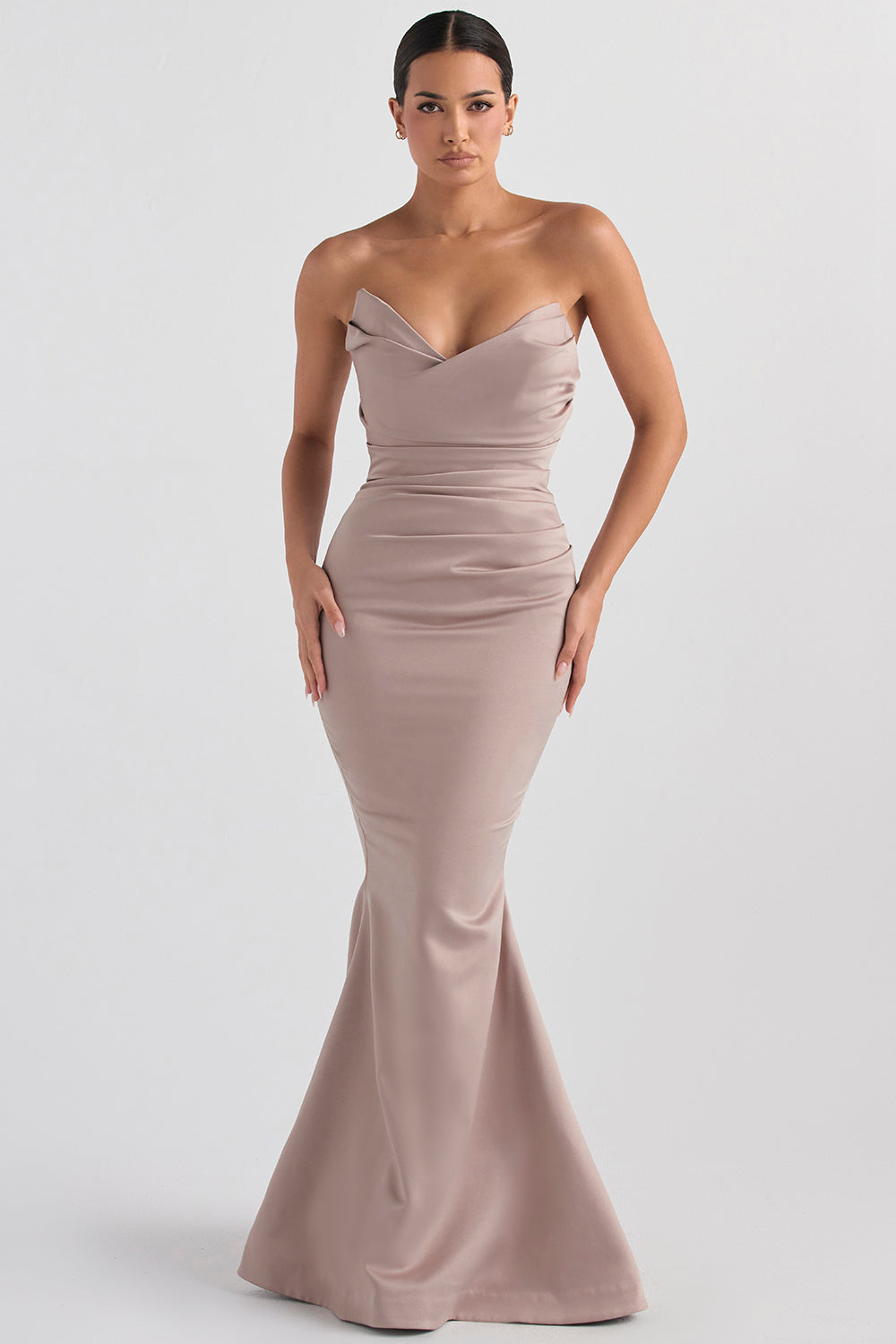 Strapless long evening dress with draped bodice