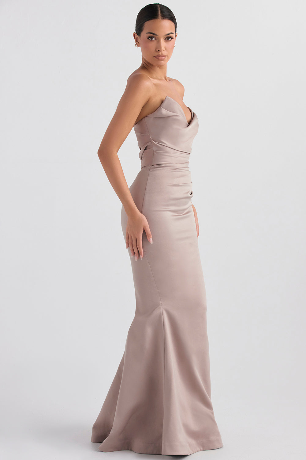 Strapless long evening dress with draped bodice