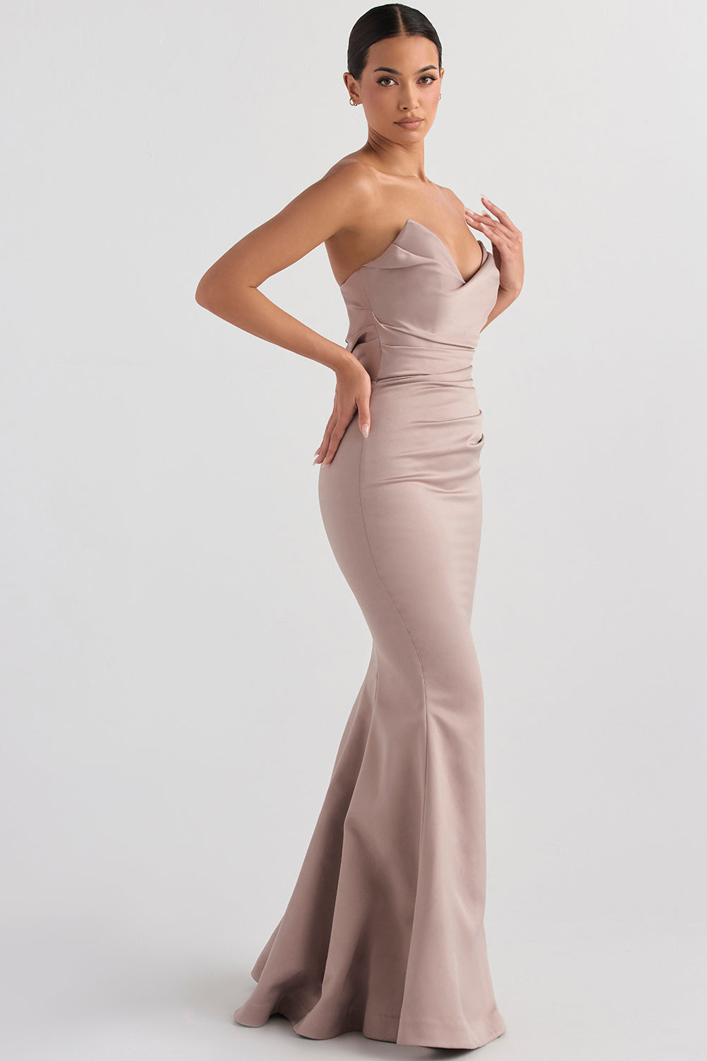 Strapless long evening dress with draped bodice