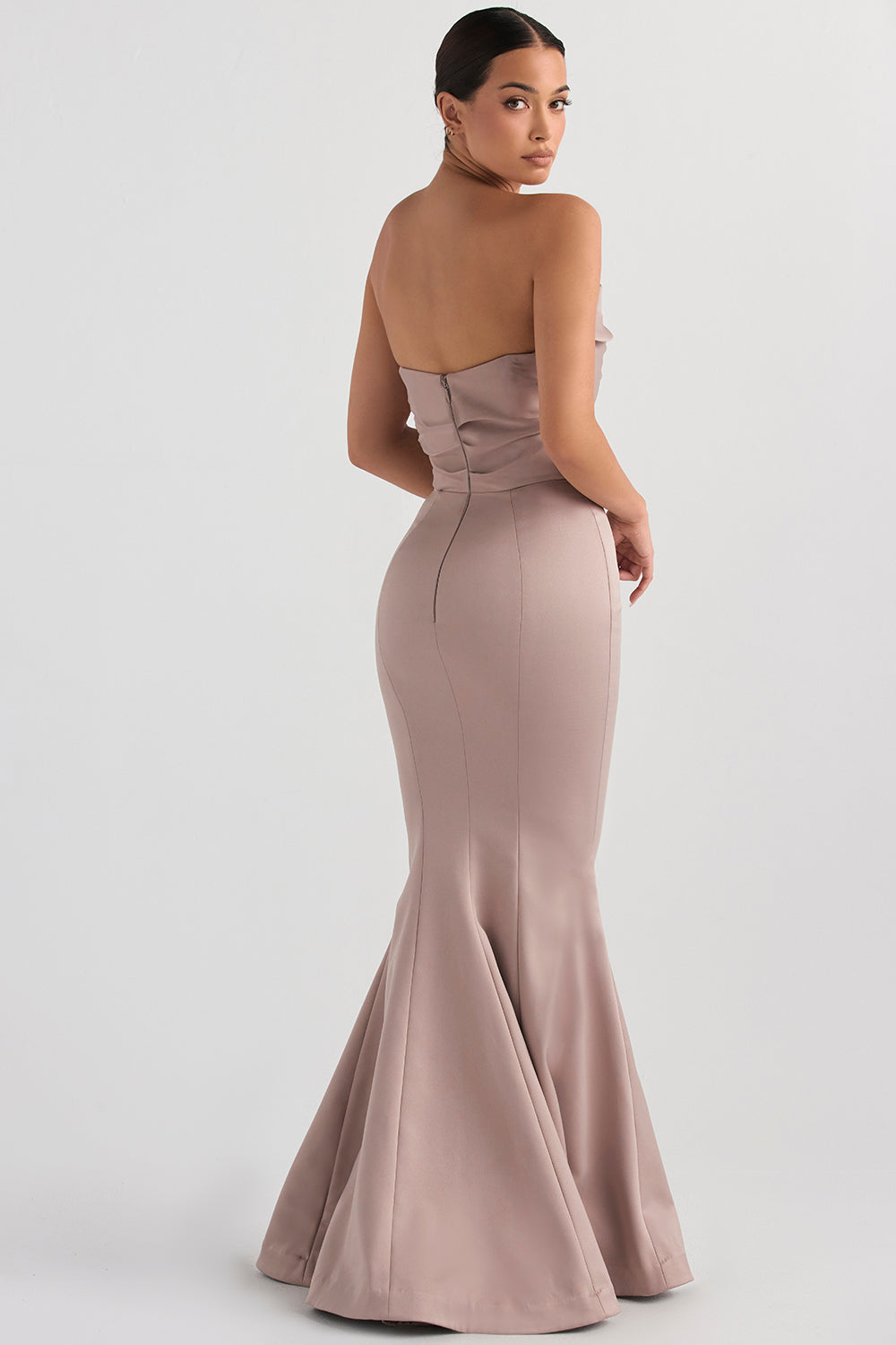 Strapless long evening dress with draped bodice