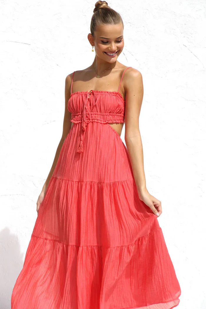 Coral long dress with side cutouts