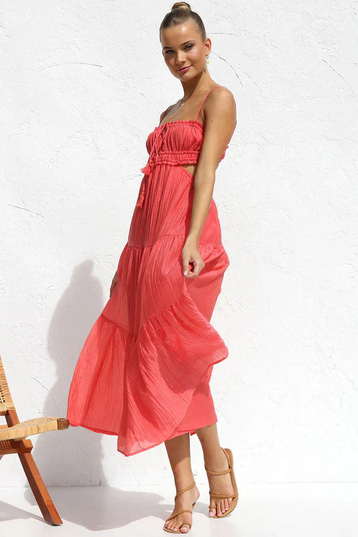 Coral long dress with side cutouts