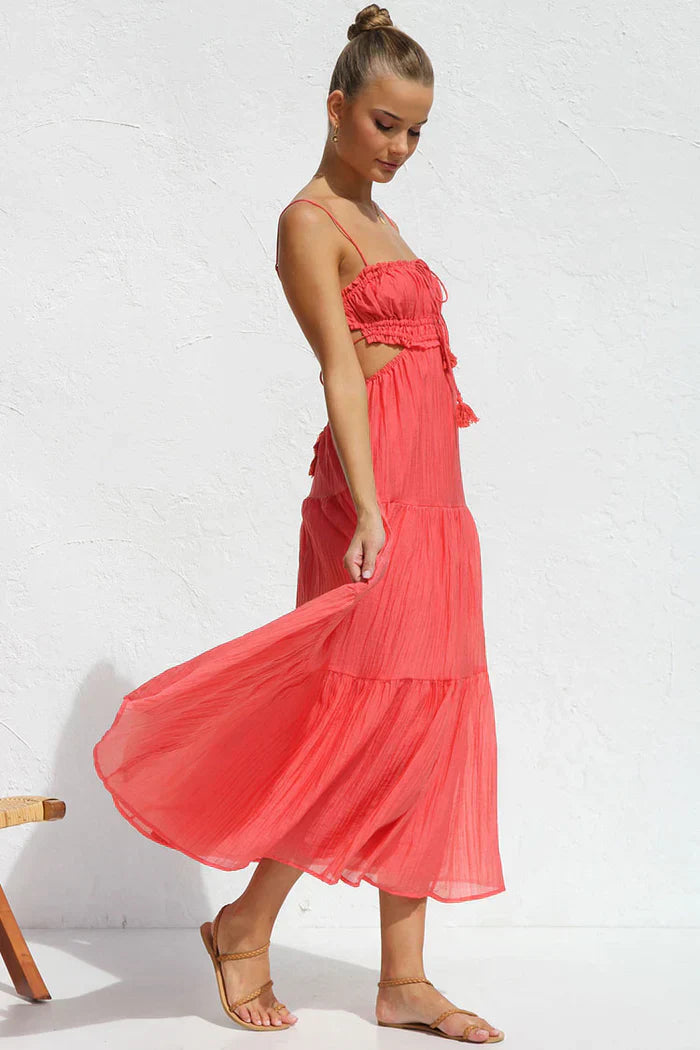 Coral long dress with side cutouts