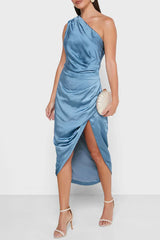 Blue satin one shoulder dress