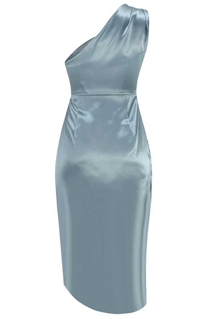 Blue satin one shoulder dress
