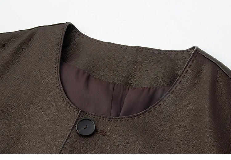 Dark brown collarless jacket with patch pockets