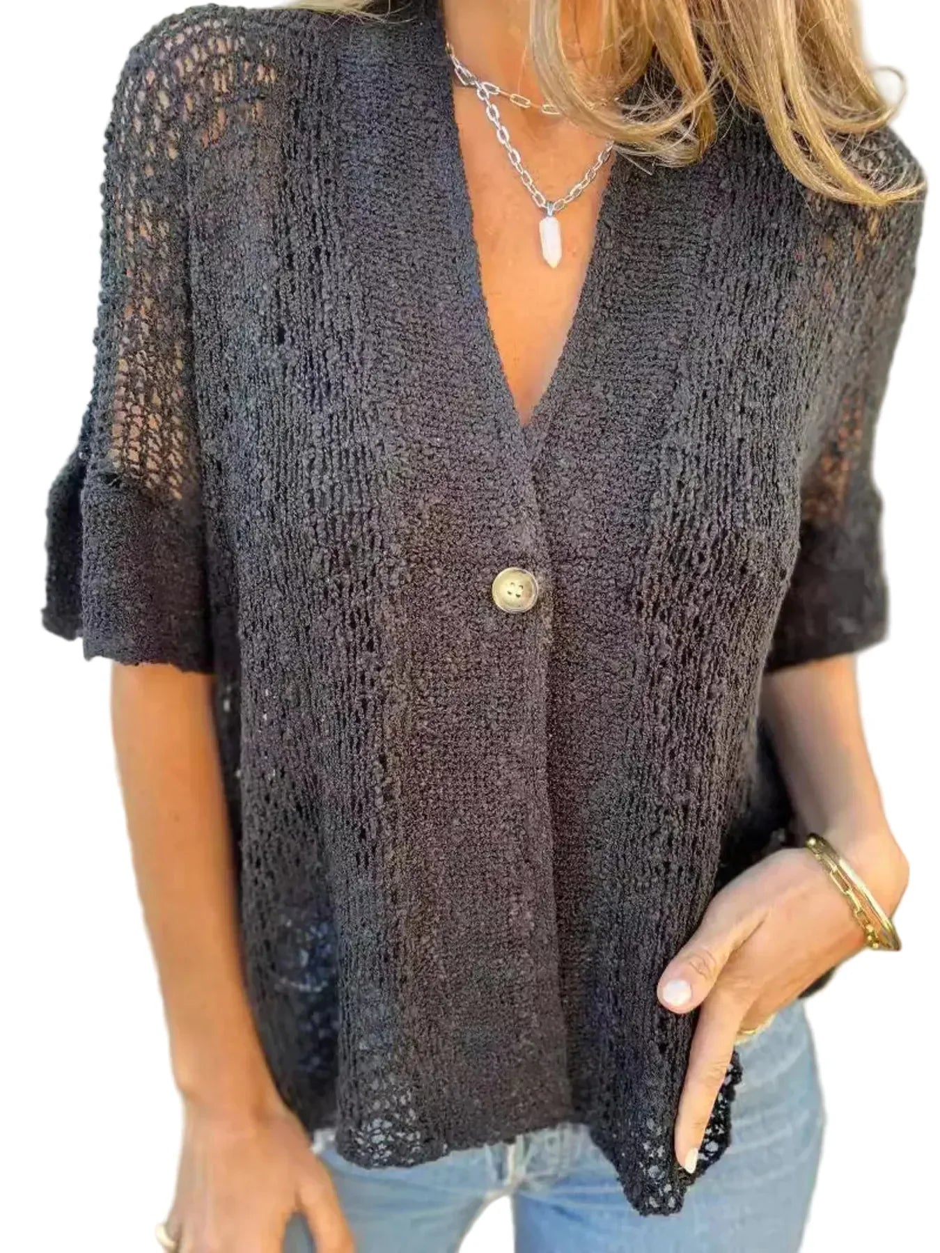 Open-knit cardigan with short sleeves and button