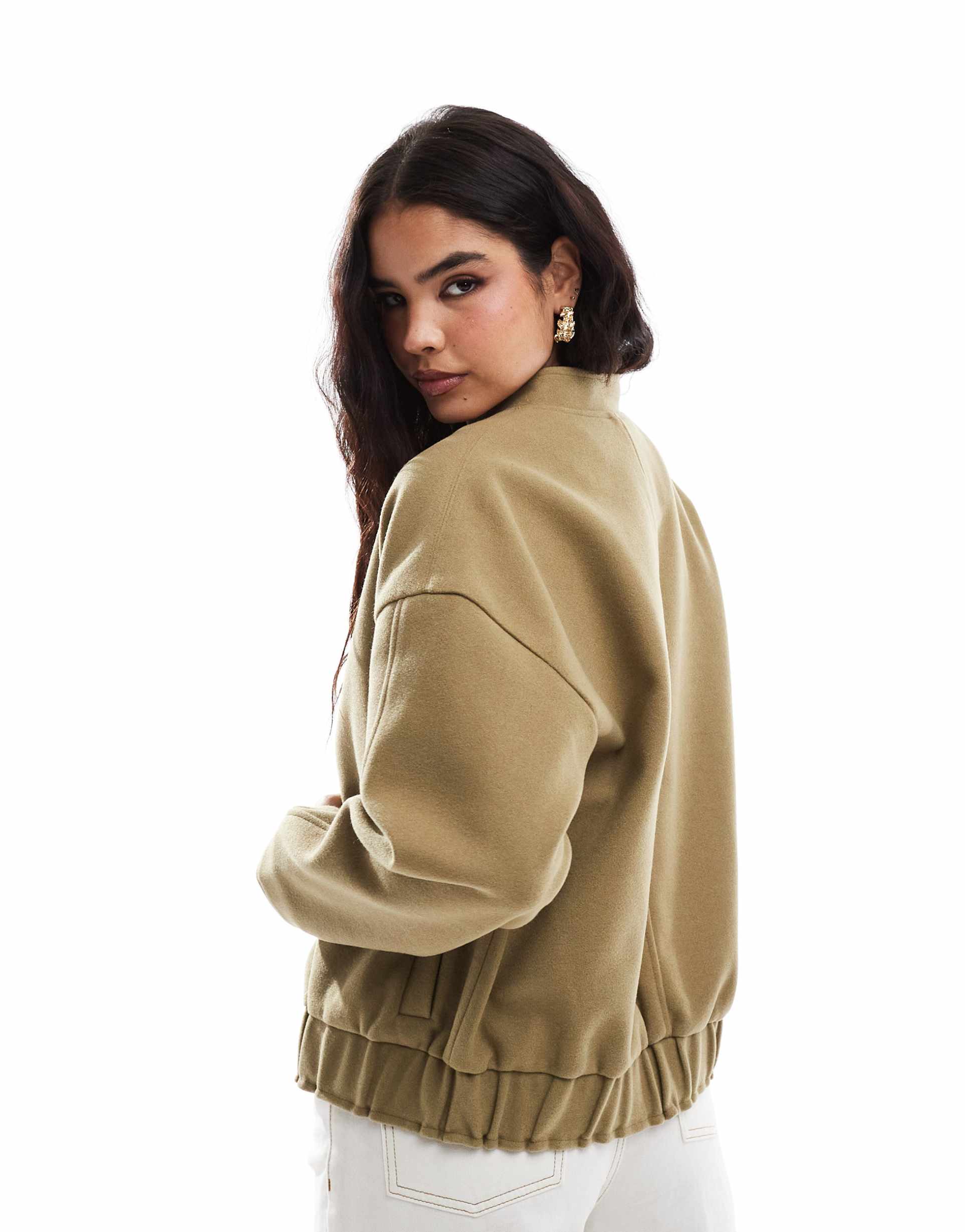 Khaki bomber jacket with stand-up collar