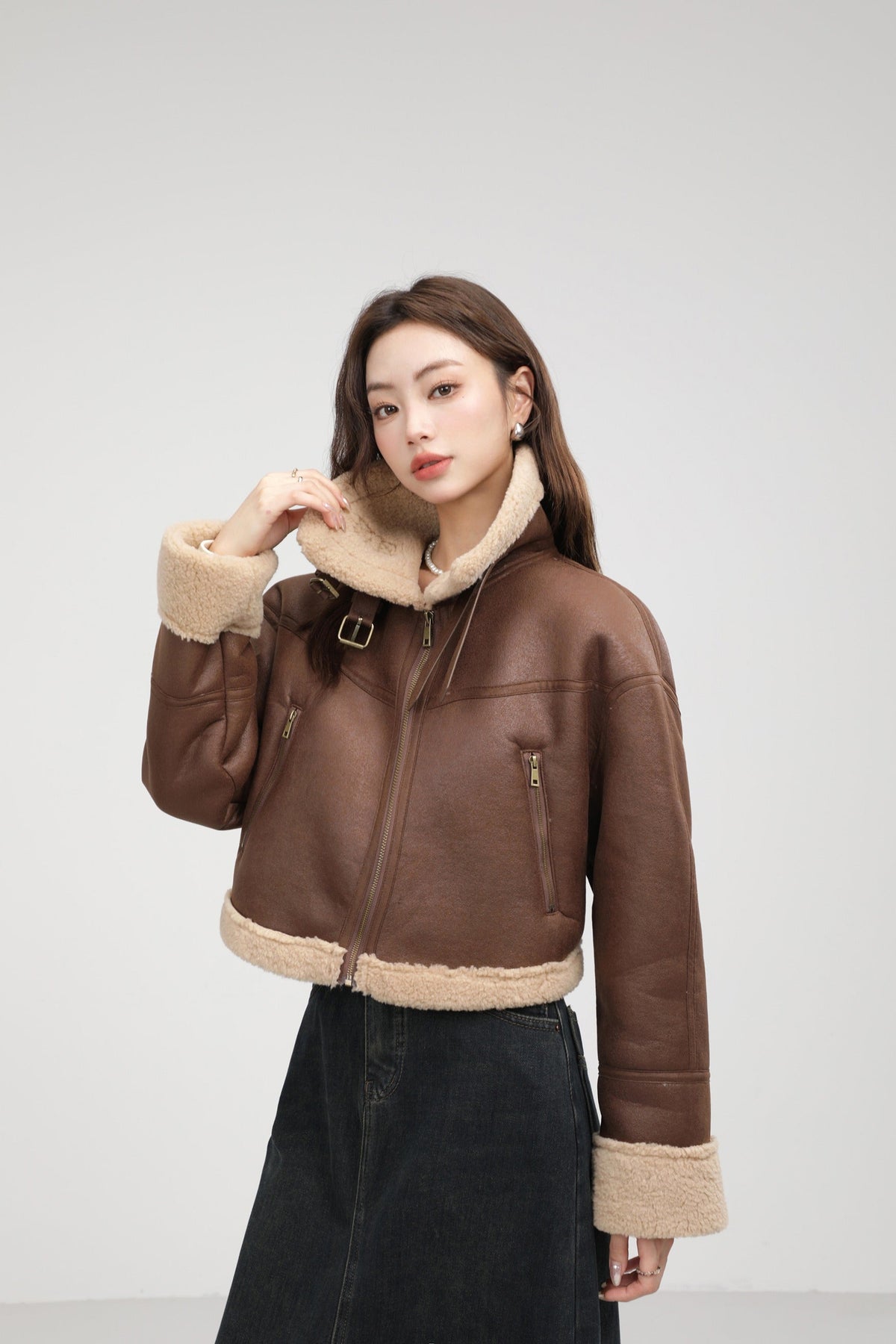 Brown cropped aviator jacket with soft edge