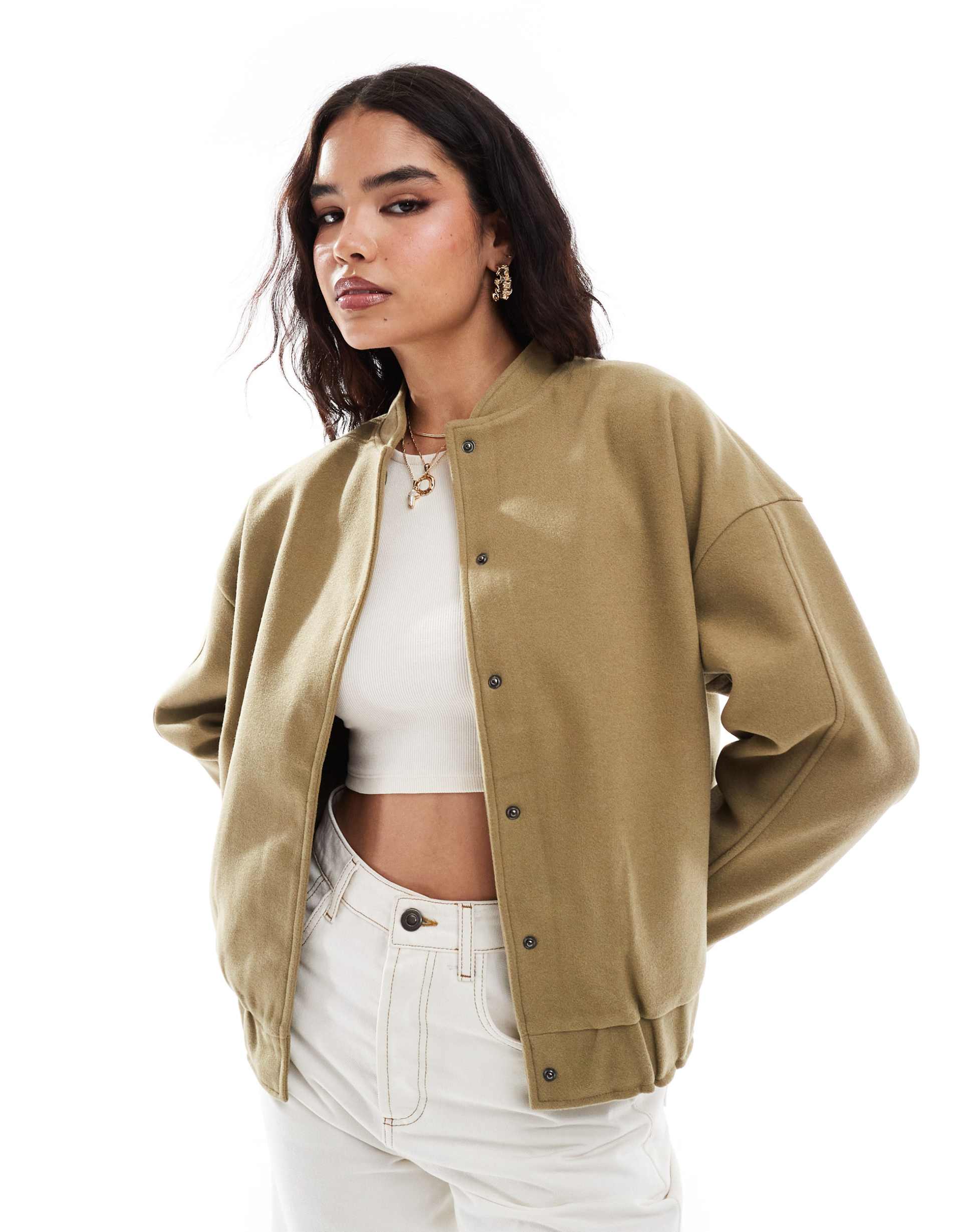 Khaki bomber jacket with stand-up collar