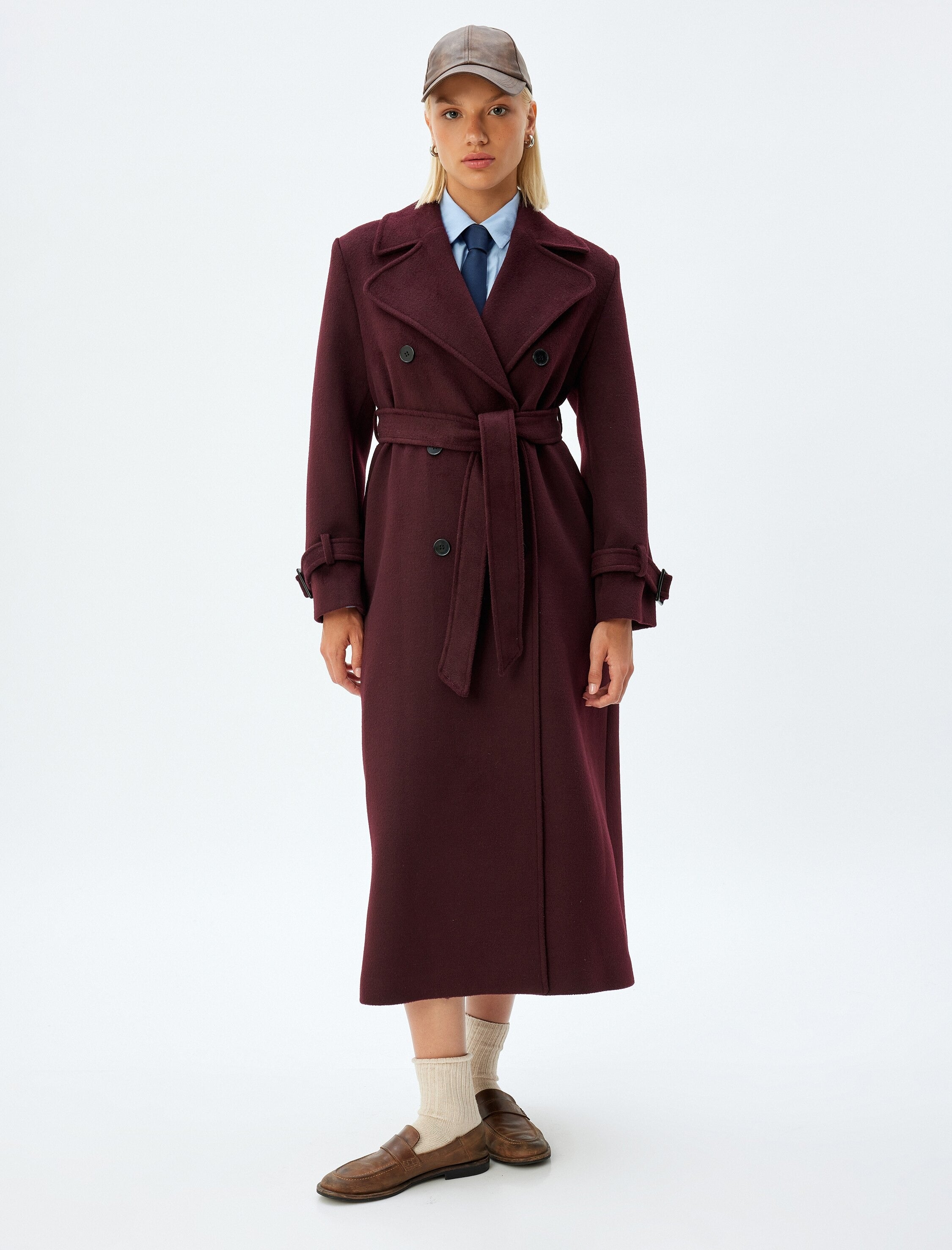 Burgundy long trench coat with tie belt