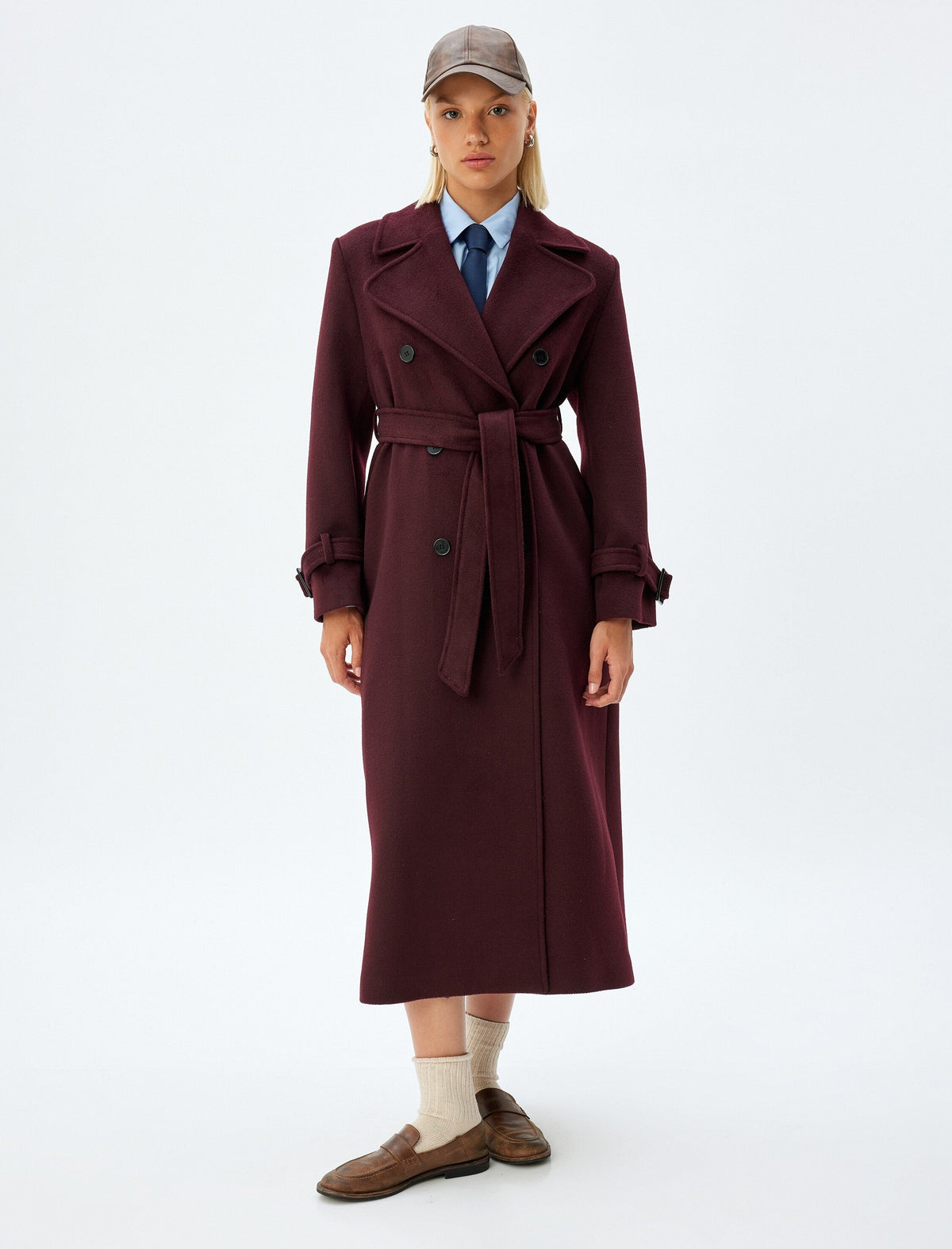 Burgundy long trench coat with tie belt