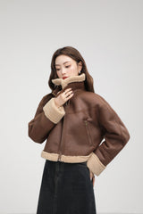 Brown cropped aviator jacket with soft edge