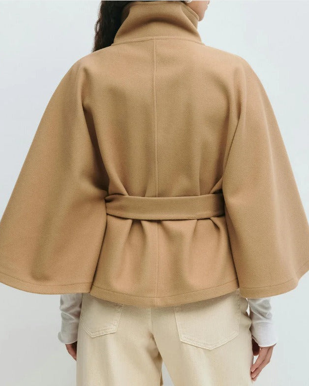 Cape coat with belt and high collar