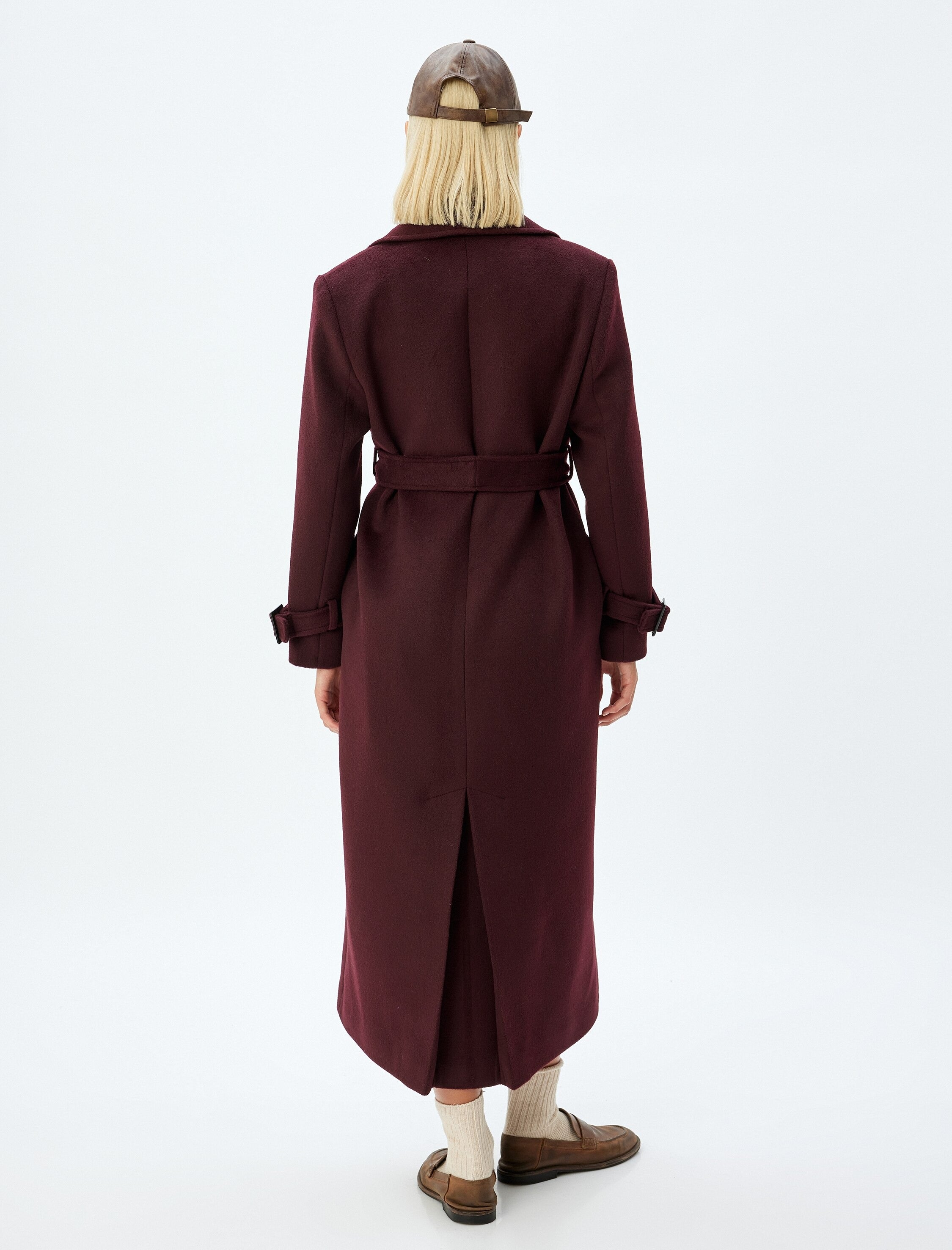 Burgundy long trench coat with tie belt