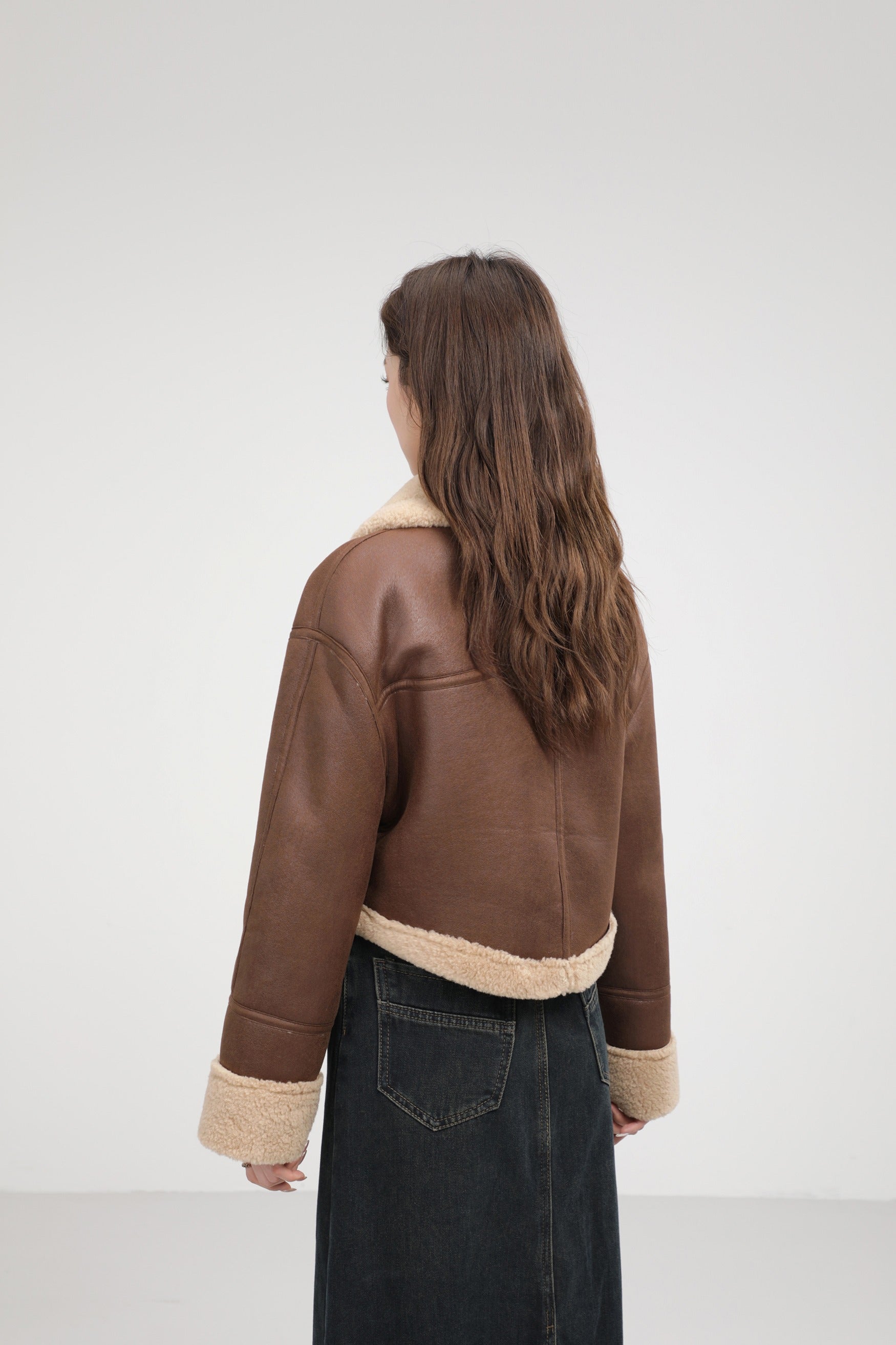 Brown cropped aviator jacket with soft edge