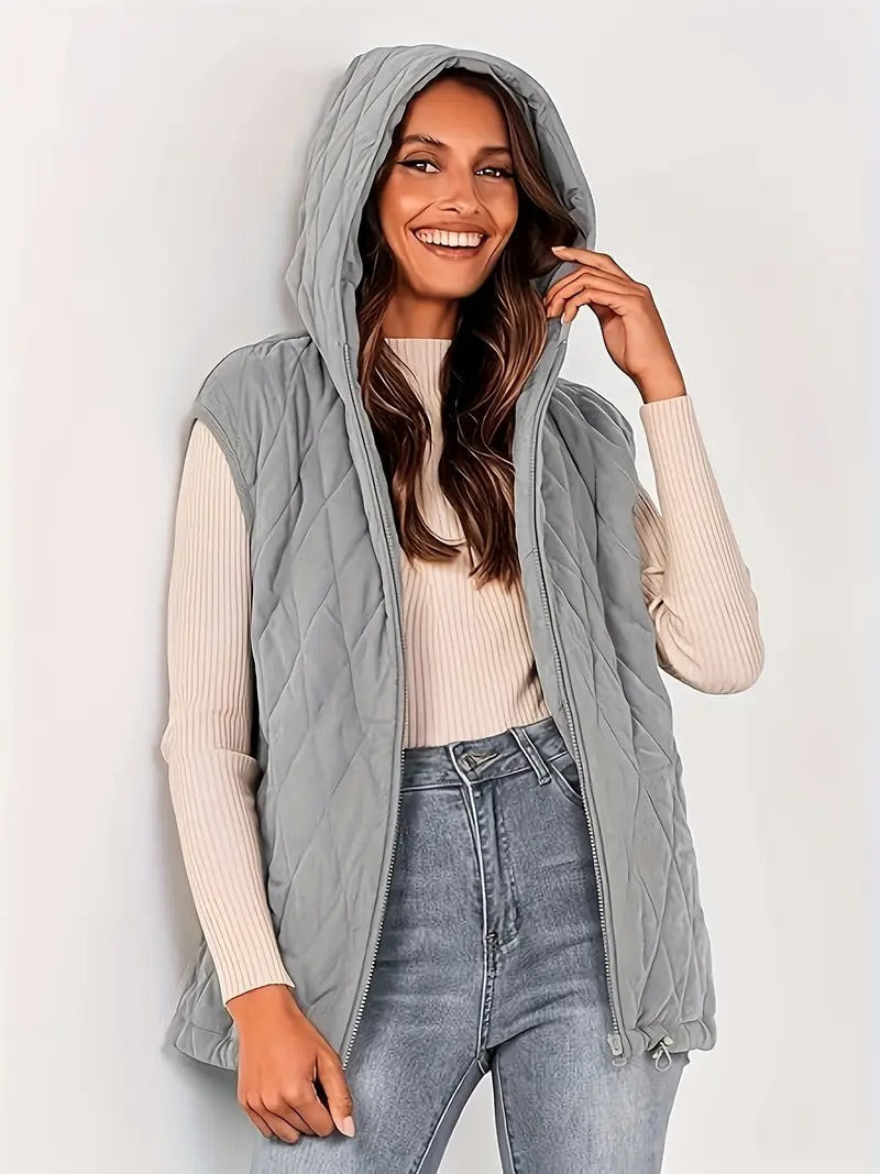 Quilted hooded vest — Diamond pattern, drawstring hem