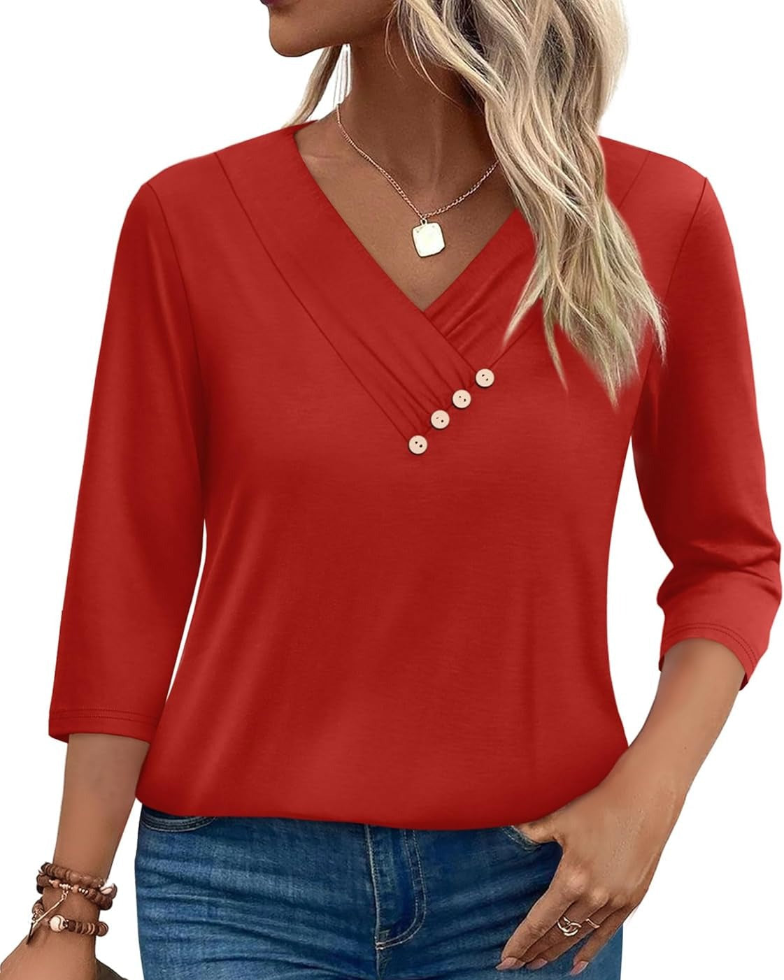 V-neck top with gathered front and decorative buttons