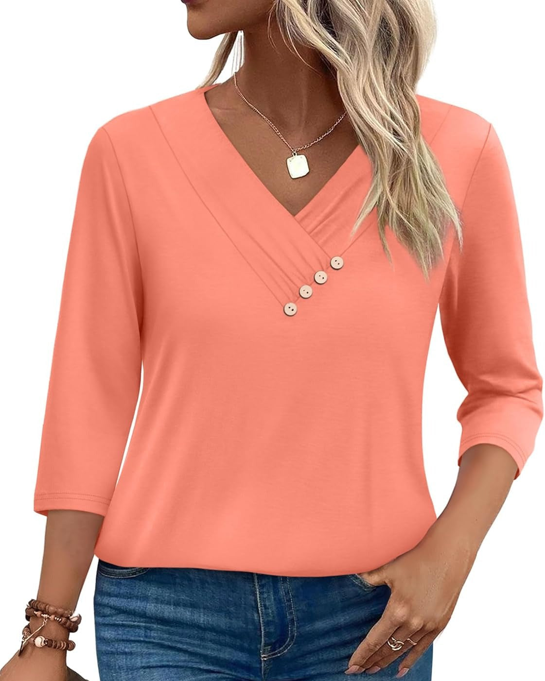 V-neck top with gathered front and decorative buttons