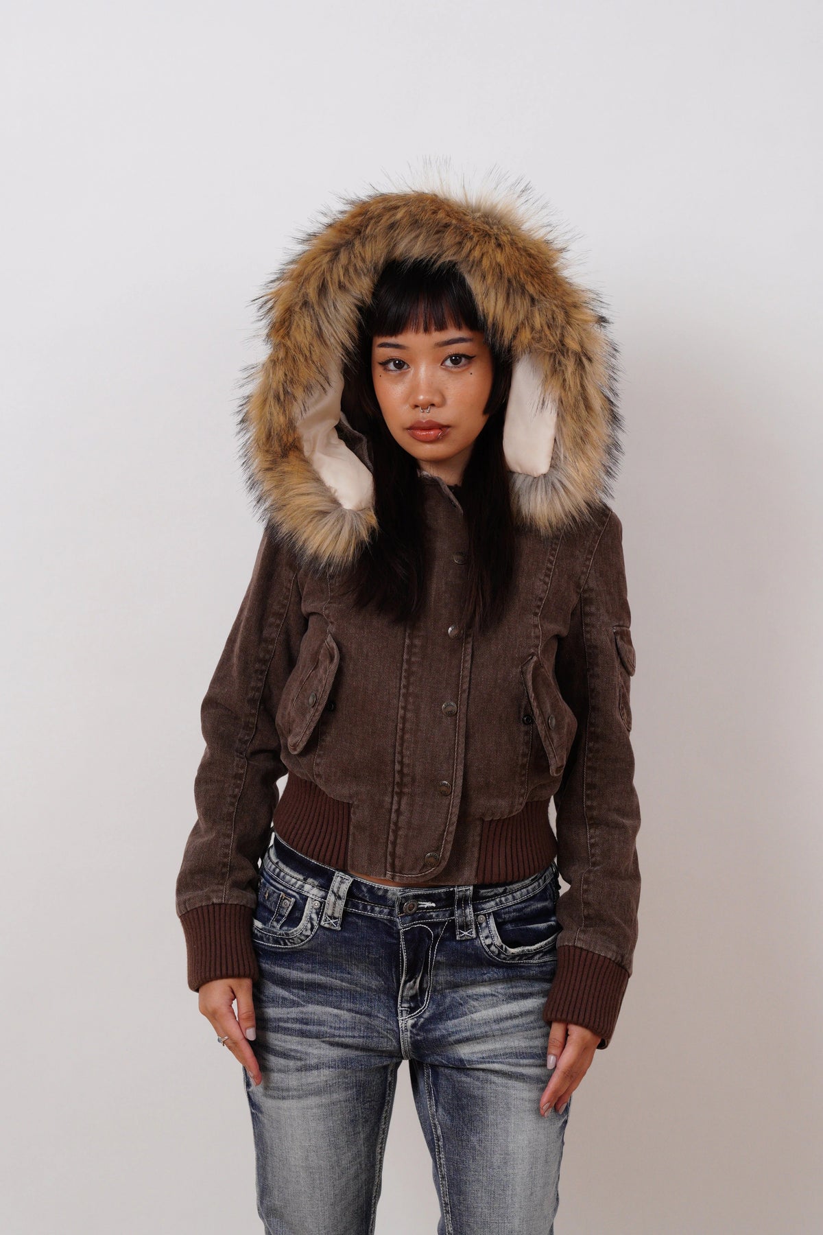Dark brown short jacket with fur-trimmed hood
