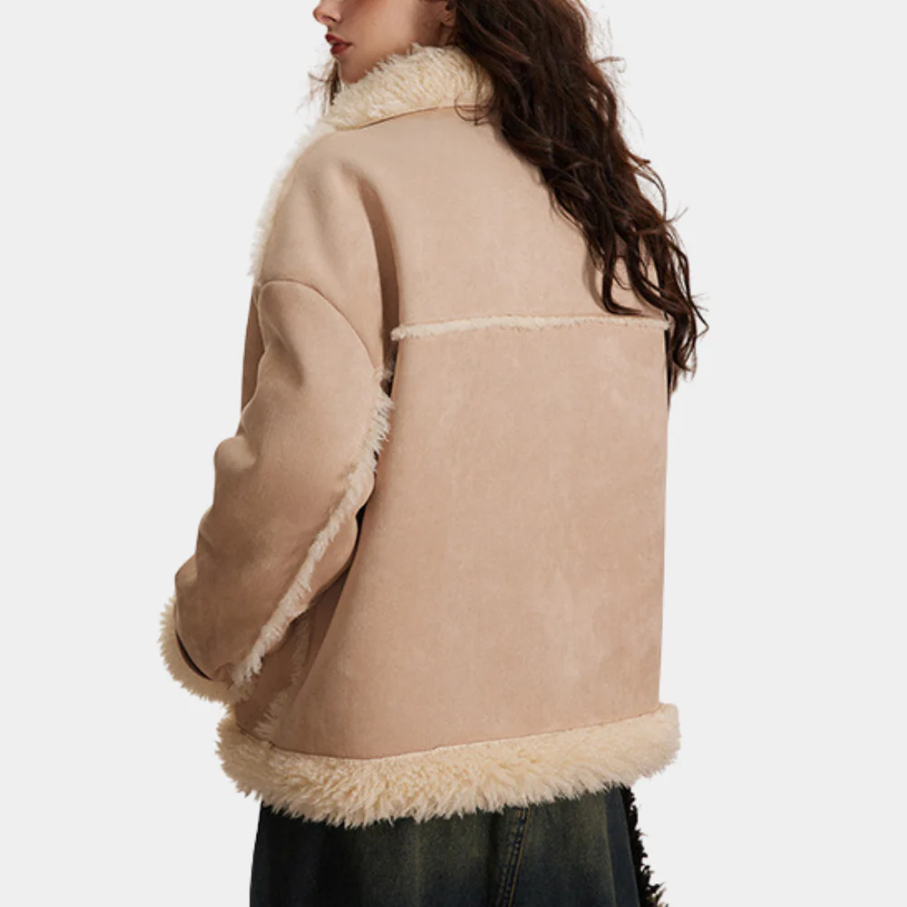 Beige buttoned jacket with cream-white fluff trim