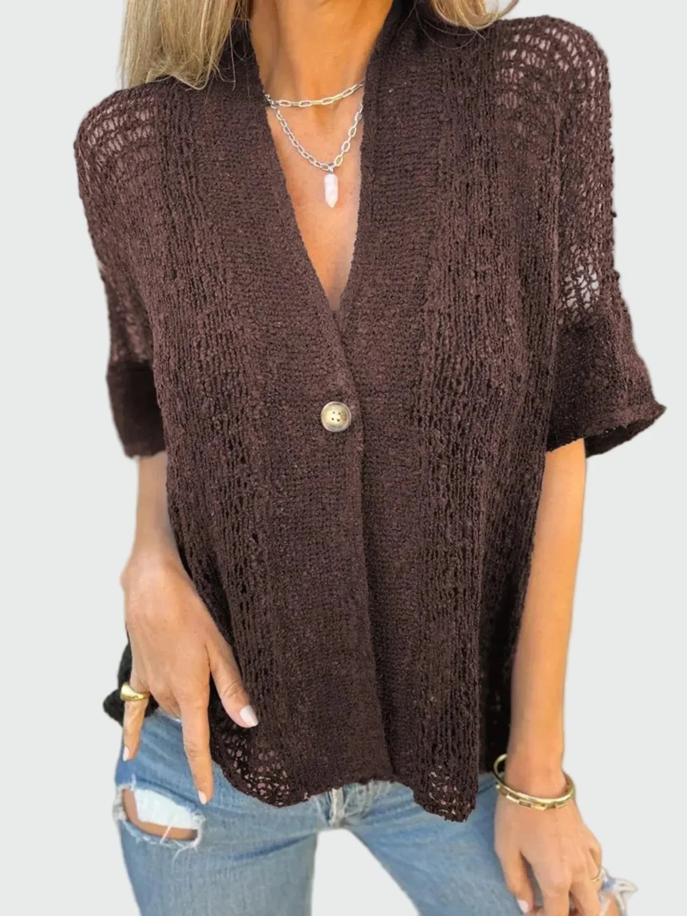 Open-knit cardigan with short sleeves and button