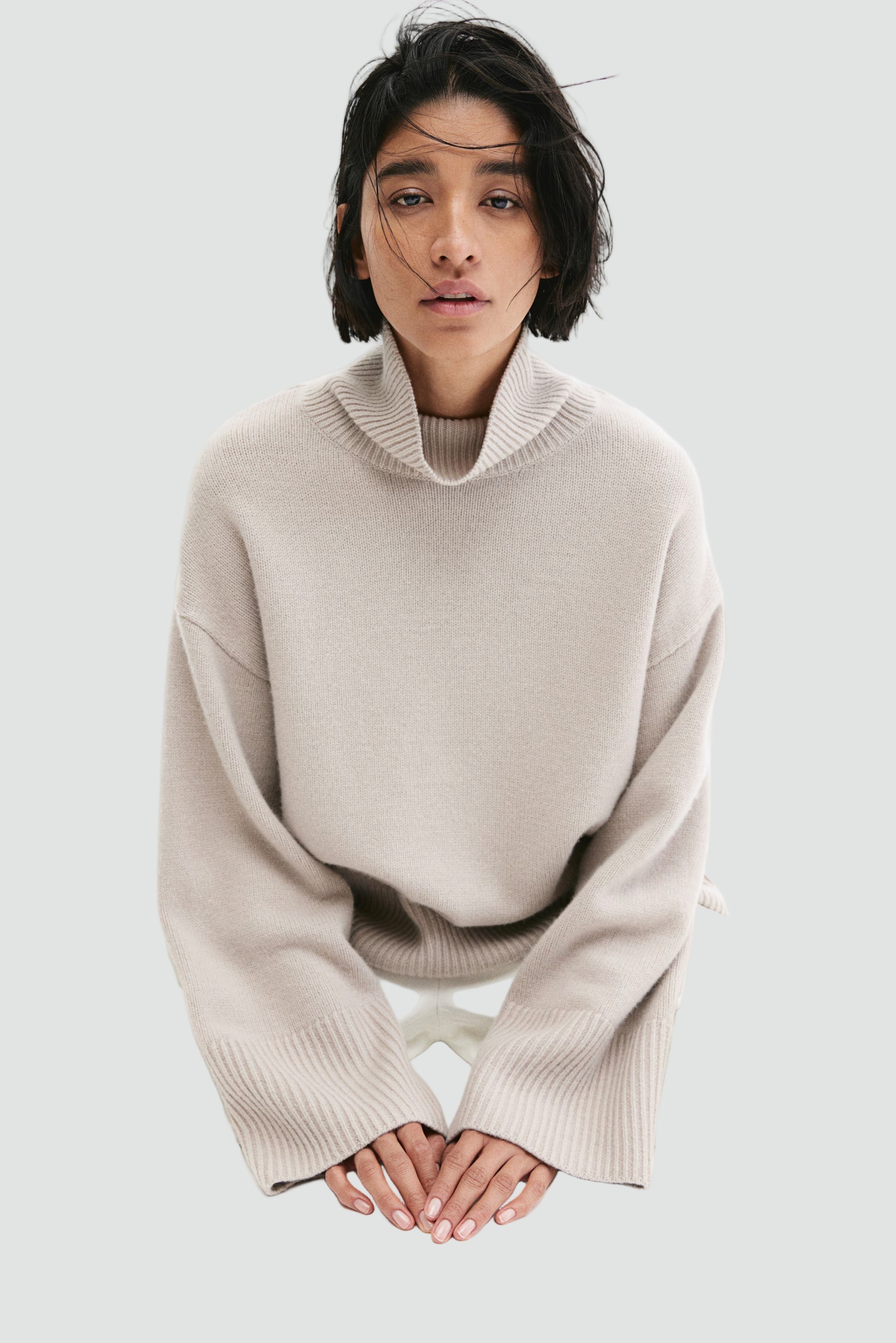 High neck ticked sweater with wide sleeves