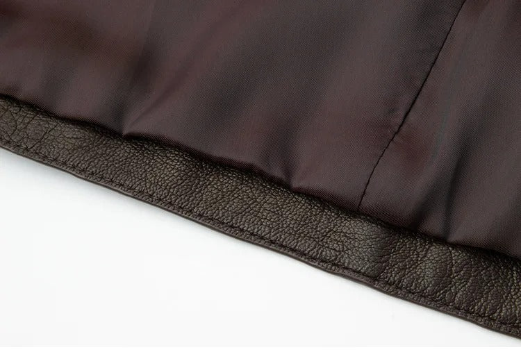 Dark brown collarless jacket with patch pockets