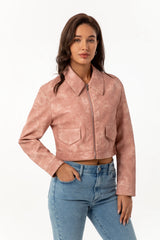 Cropped jacket with zipper and highlighted collar