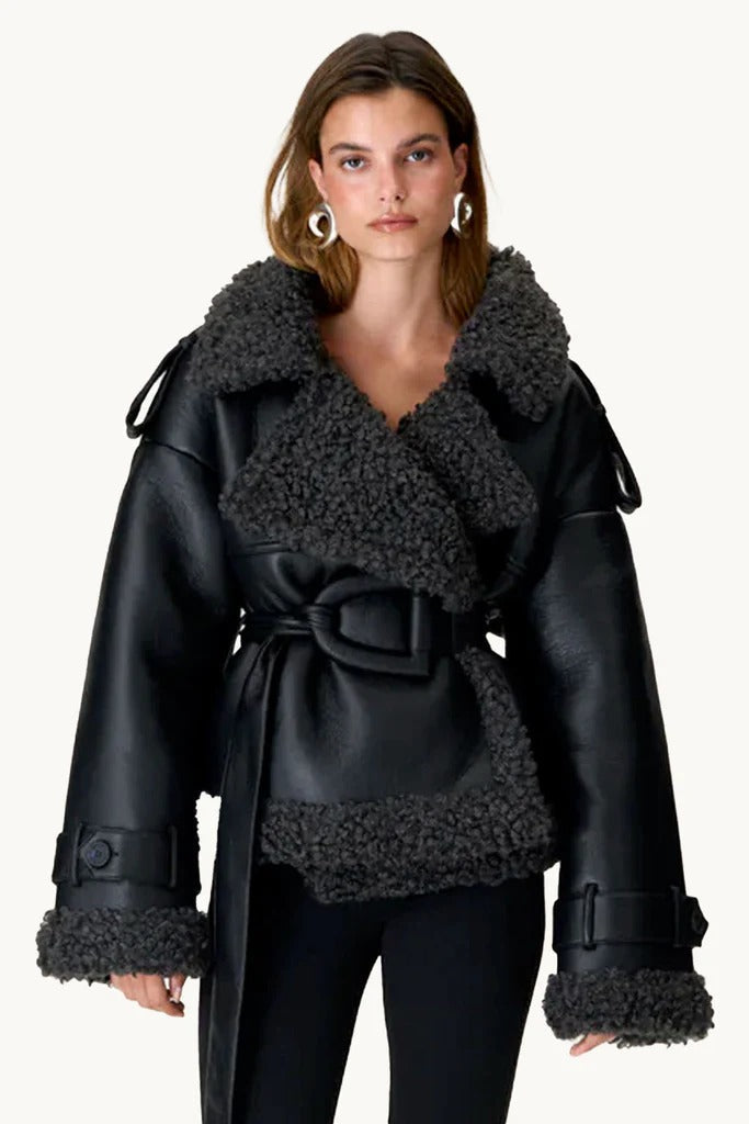 Black winter jacket with belt and graphite Gray contrast trim