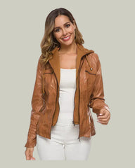Brown hooded biker jacket with zip pockets