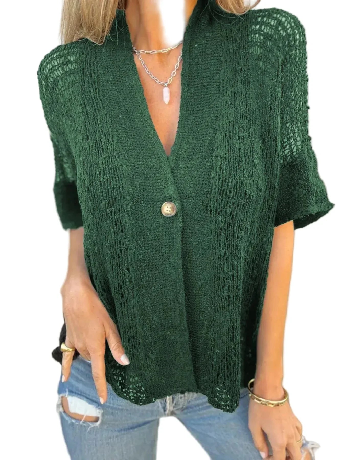 Open-knit cardigan with short sleeves and button