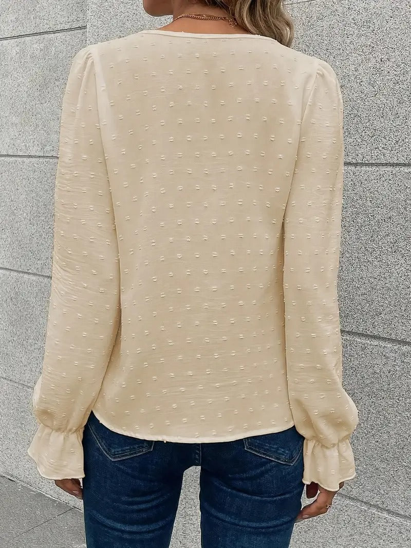 Blouse with lace trim and puff sleeves