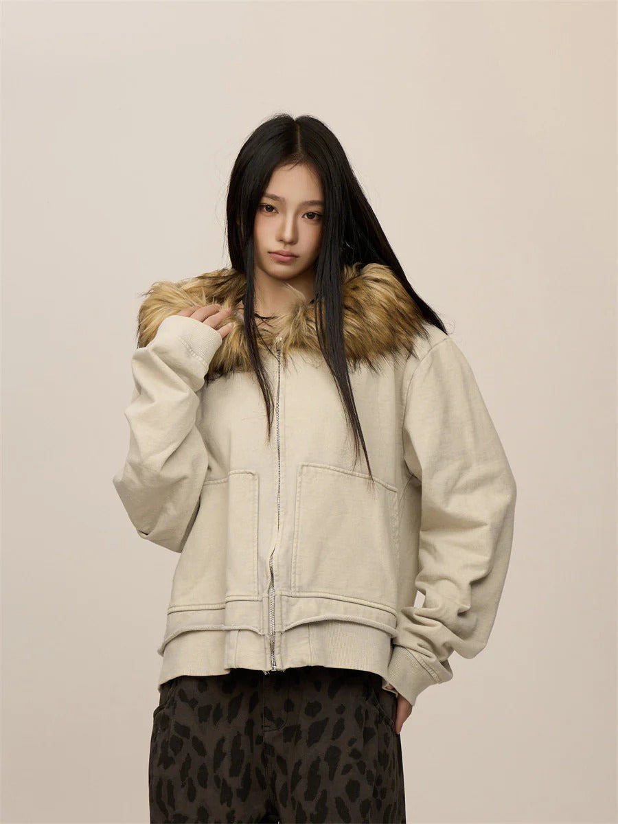 Beige oversized jacket with brown furry hood