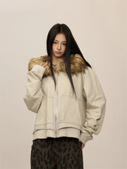 Beige oversized jacket with brown furry hood