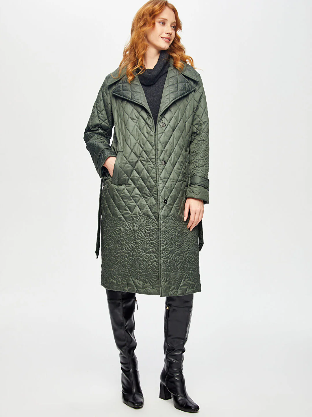 Quilted long coat with floral details
