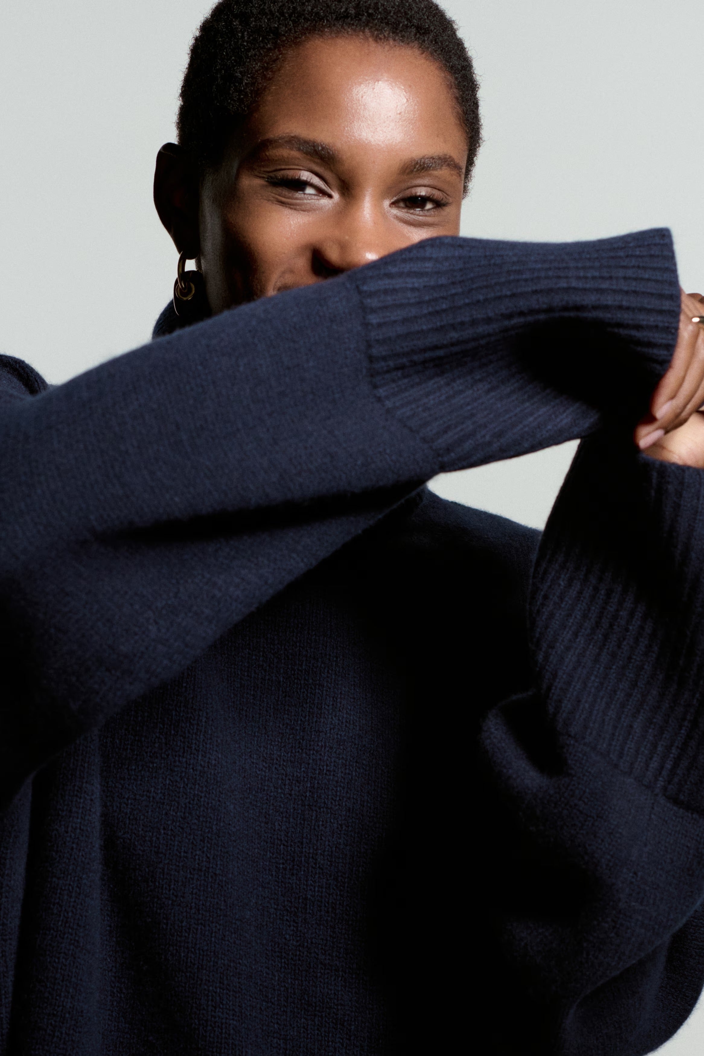 High neck ticked sweater with wide sleeves