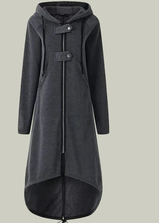 Long hoodie coat with high-low hem and zipper