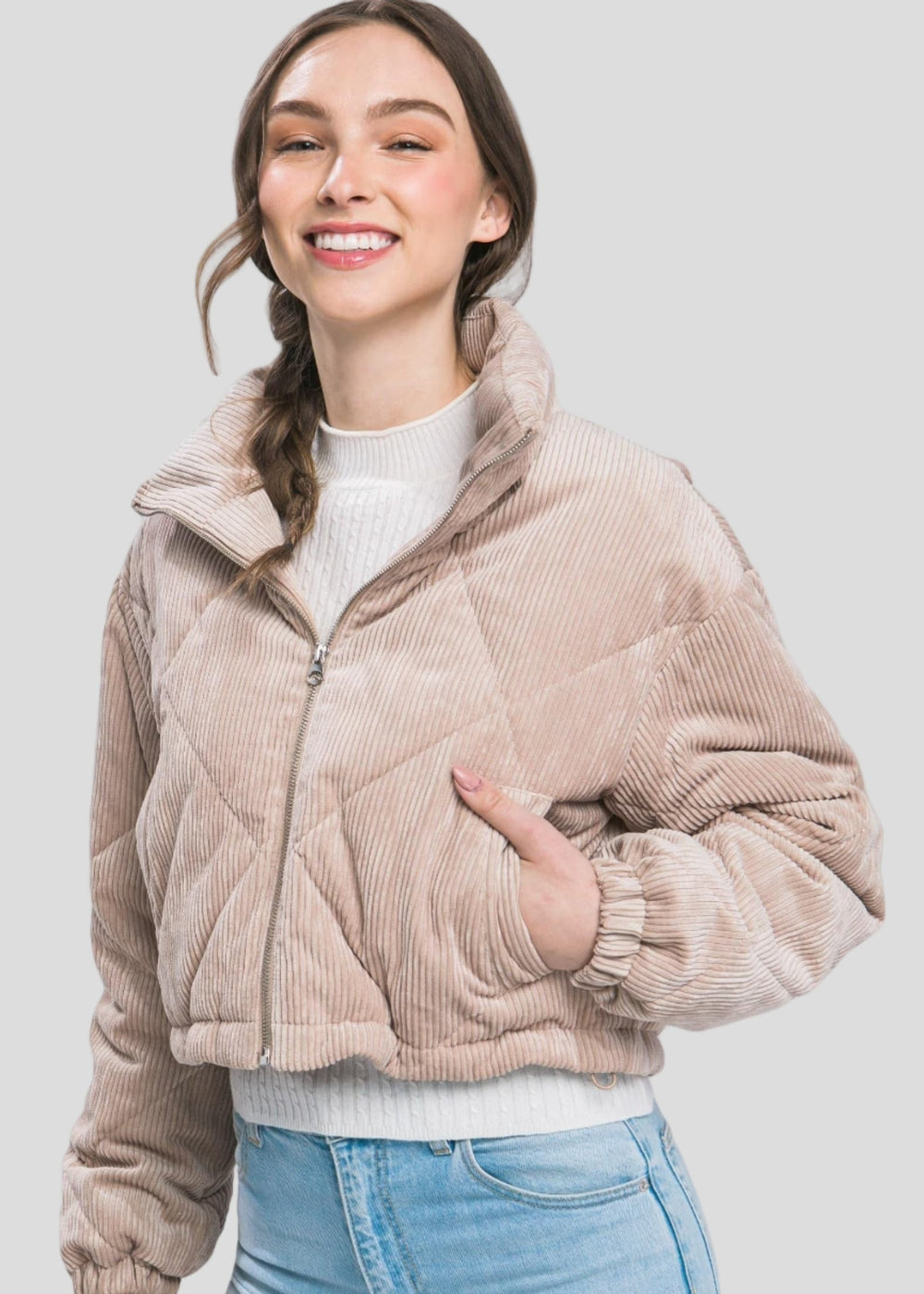 imgi 123 J METHOD Women s Corduroy Crop Jacket Long Sleeve High Neck Cropped Casual Puffer Coat 49516