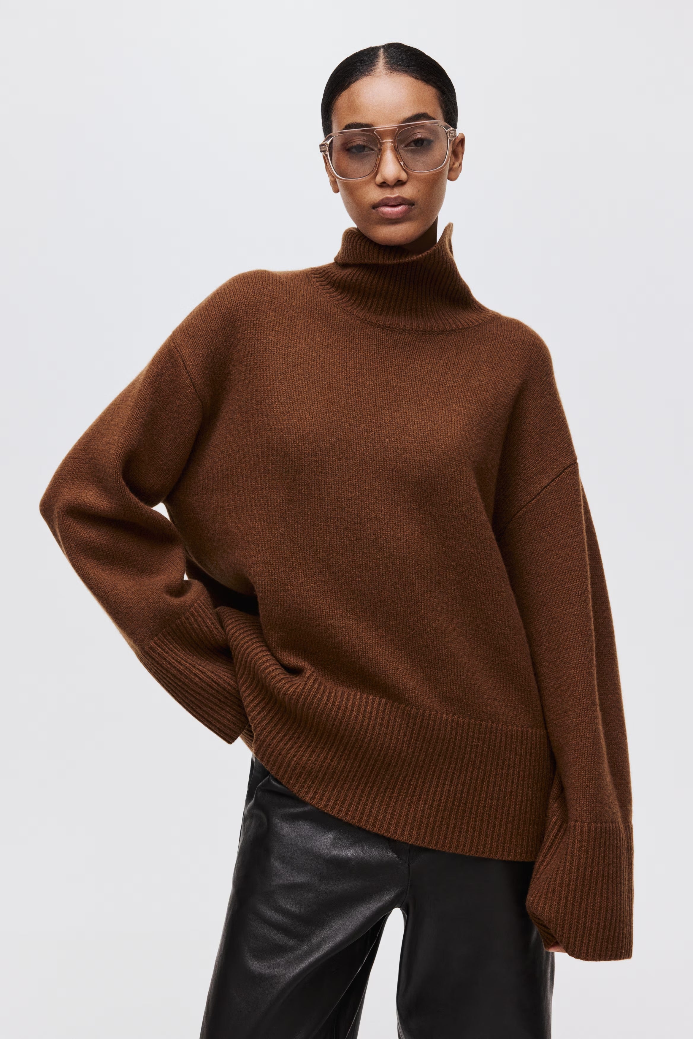 High neck ticked sweater with wide sleeves