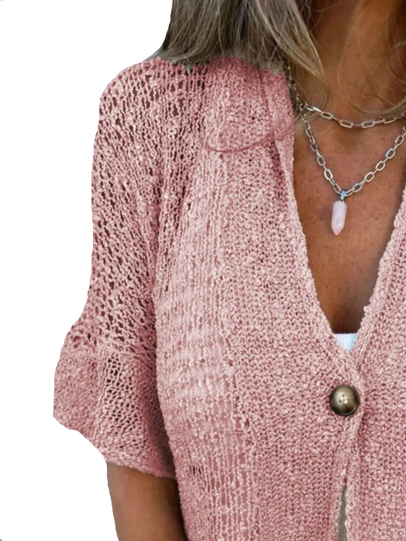 Open-knit cardigan with short sleeves and button