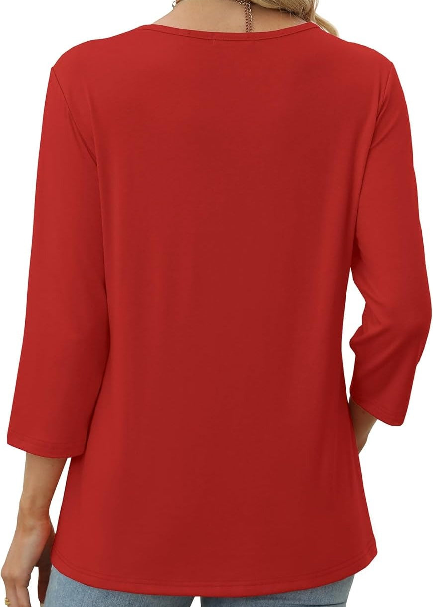 V-neck top with gathered front and decorative buttons
