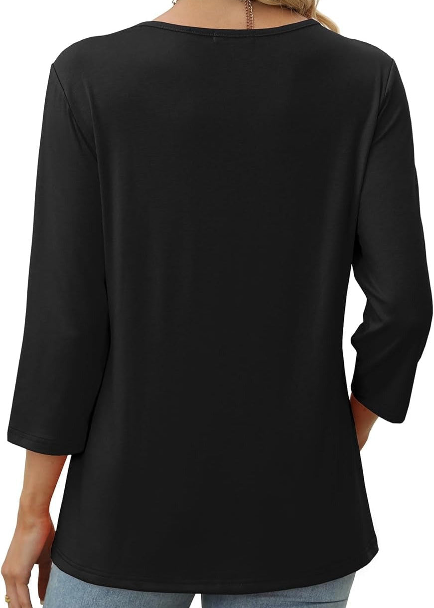 V-neck top with gathered front and decorative buttons