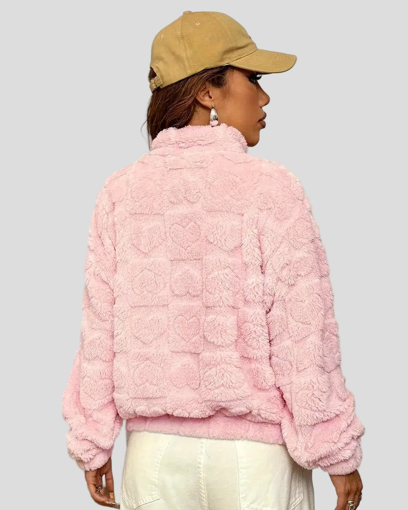 Pink plush jacket with heart structure and zipper