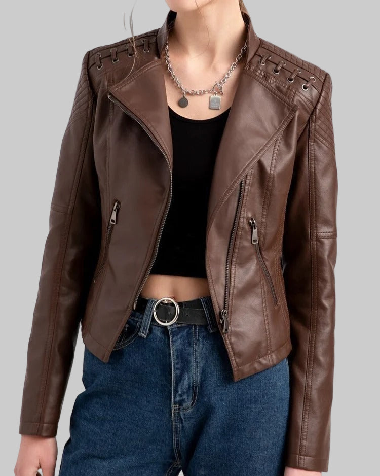 Brown biker jacket with slanted zipper