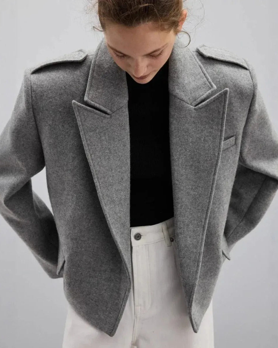 Gray short blazer with wide lapels and epaulettes