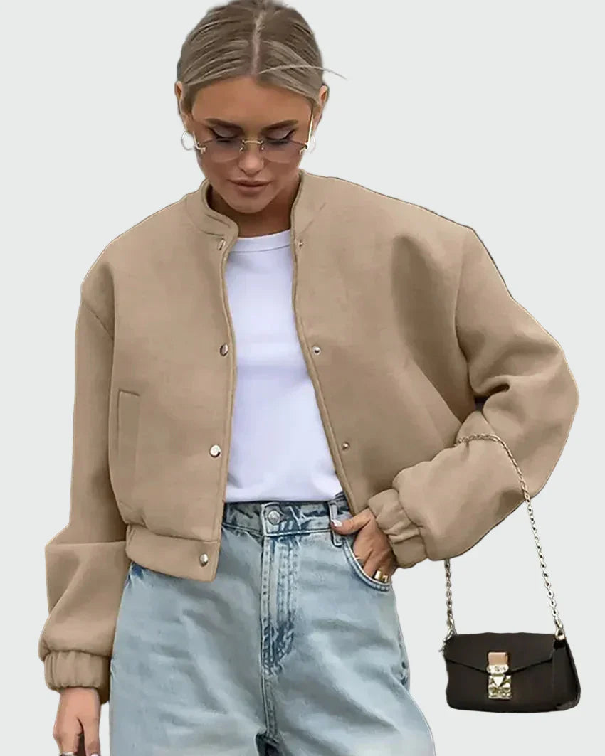 Beige short bomber jacket with elasticated hem