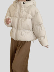 Short puffer jacket with hood and two-way zipper