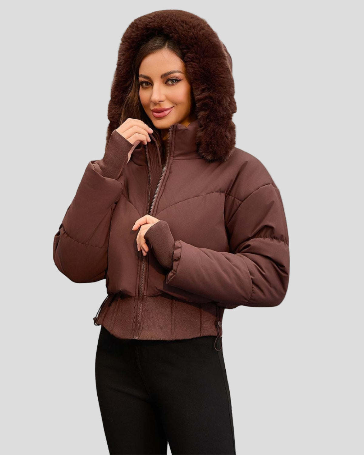 Short puffer jacket with hood – ribbed hem and thumbholes