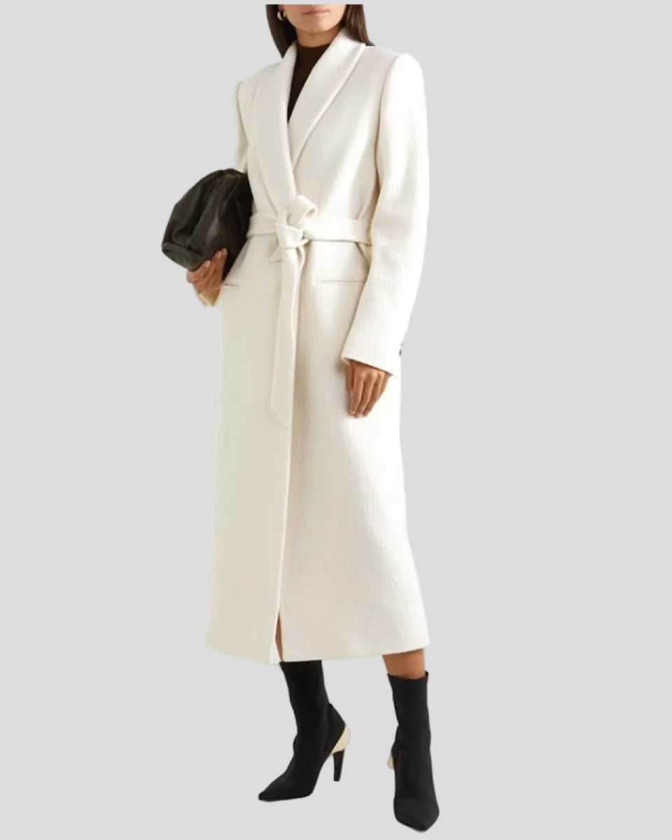 White long coat with belt and shawl collar